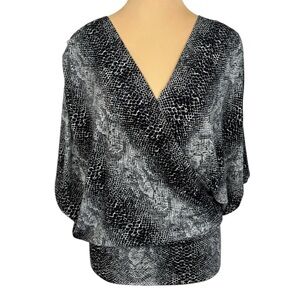 Julian Chang Black Gray Snake Print Wrap Blouse Top Sz S Elegant V-Neck Tie Back